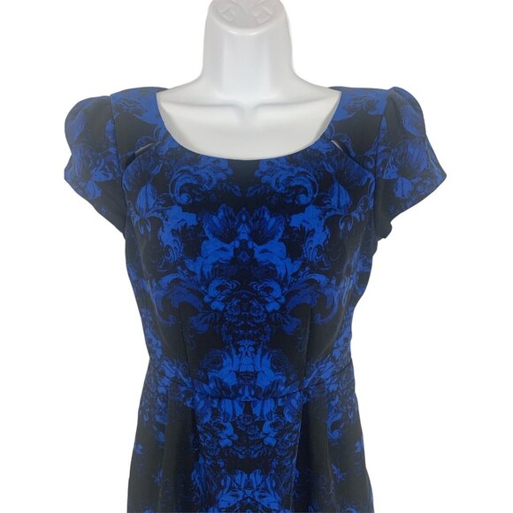 Silence + Noise Blue & Black Damask Pattern Cap Sleeve Dress Side Zipper Size 2 - Picture 2 of 11